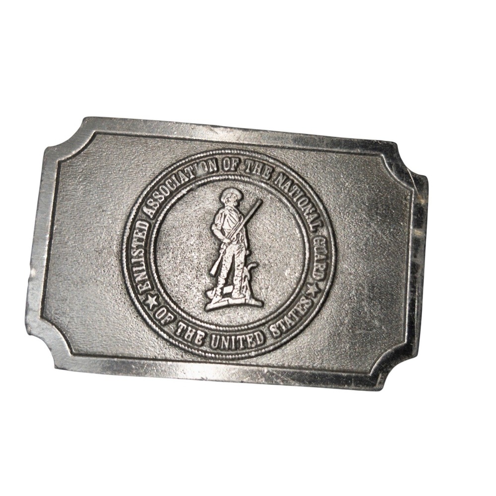 Vtg Enlisted Association‎ Of The National Guard Silver Belt Buckle Hit Line USA